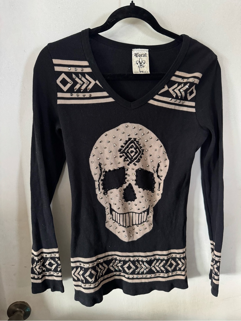 Vocal Black Skull Long Sleeve V-Neck Top